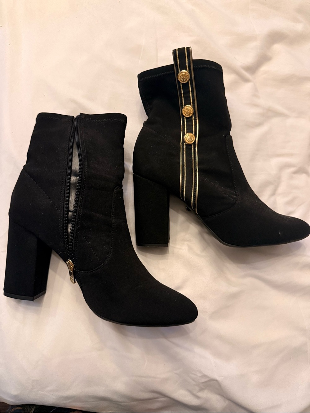 Tommy Hilfiger Black Mid-Calf Block Heel Boots with Gold Button Detail